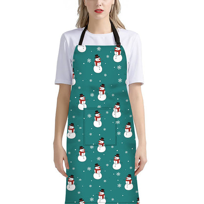Teal Snowman Pattern Print Bib Apron With Pocket
