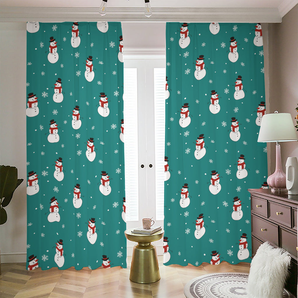 Teal Snowman Pattern Print Blackout Pencil Pleat Curtains