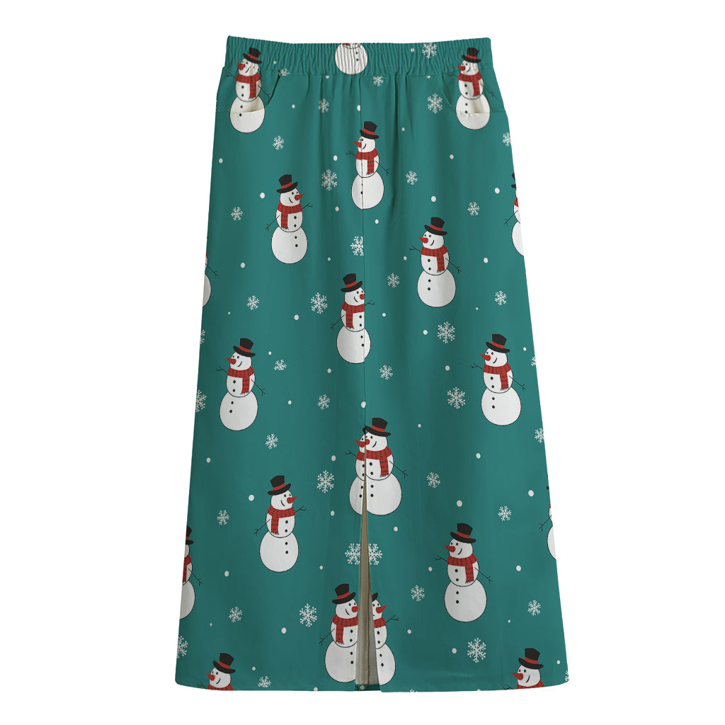 Teal Snowman Pattern Print Cotton Front Slit Maxi Skirt