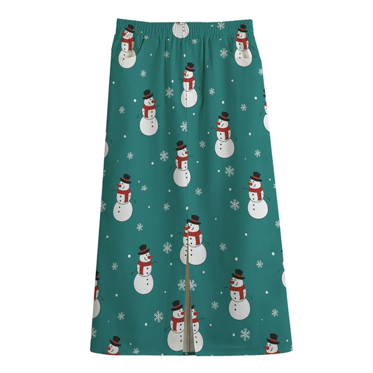 Teal Snowman Pattern Print Cotton Front Slit Maxi Skirt