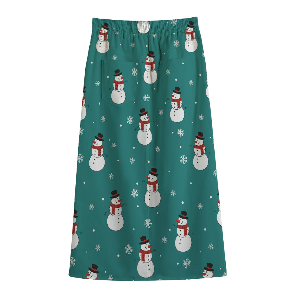Teal Snowman Pattern Print Cotton Front Slit Maxi Skirt