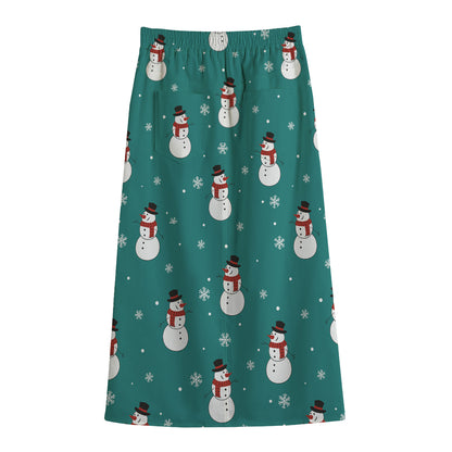Teal Snowman Pattern Print Cotton Front Slit Maxi Skirt