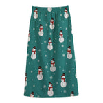 Teal Snowman Pattern Print Cotton Front Slit Maxi Skirt