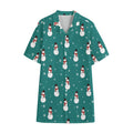 Teal Snowman Pattern Print Cotton Hawaiian Shirt