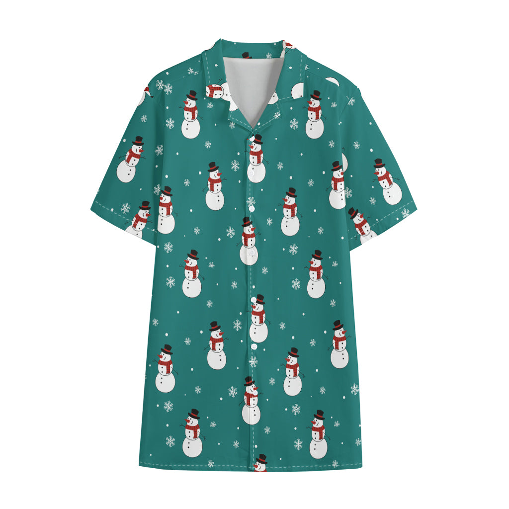 Teal Snowman Pattern Print Cotton Hawaiian Shirt