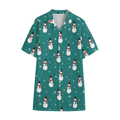 Teal Snowman Pattern Print Cotton Hawaiian Shirt