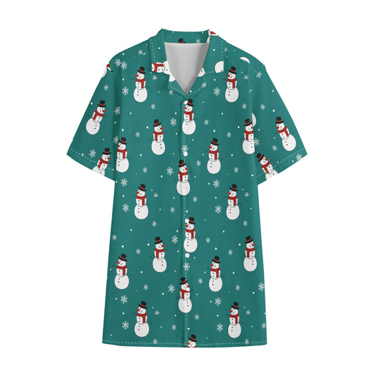 Teal Snowman Pattern Print Cotton Hawaiian Shirt