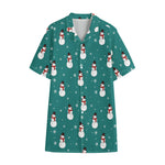 Teal Snowman Pattern Print Cotton Hawaiian Shirt