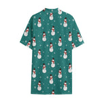 Teal Snowman Pattern Print Cotton Hawaiian Shirt