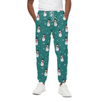 Teal Snowman Pattern Print Cotton Pants