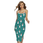 Teal Snowman Pattern Print Cross Back Cami Dress