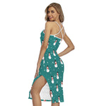 Teal Snowman Pattern Print Cross Back Cami Dress
