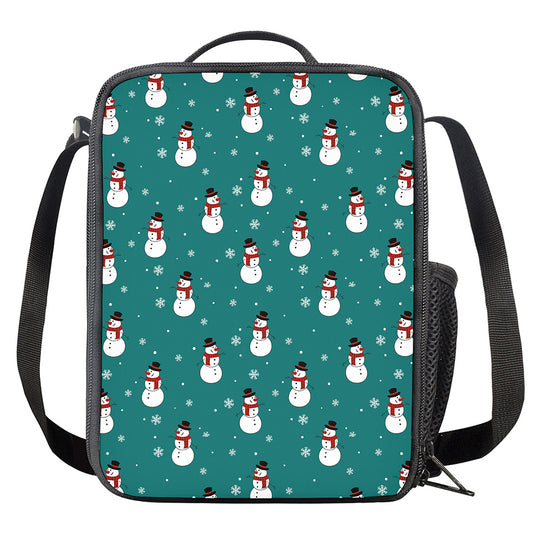 Teal Snowman Pattern Print Crossbody Lunch Bag