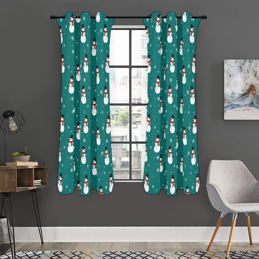 Teal Snowman Pattern Print Curtain