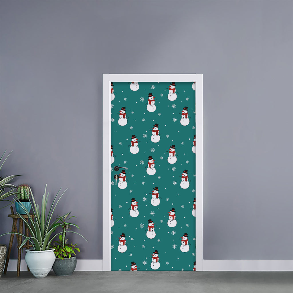 Teal Snowman Pattern Print Door Sticker