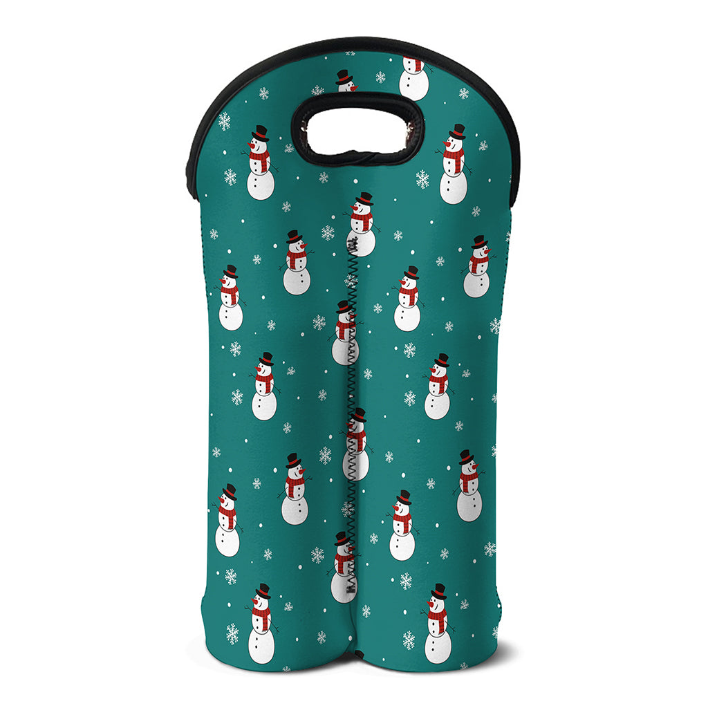 Teal Snowman Pattern Print Double Neoprene Wine Tote