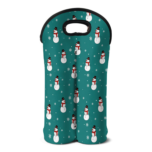 Teal Snowman Pattern Print Double Neoprene Wine Tote