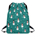 Teal Snowman Pattern Print Drawstring Backpack