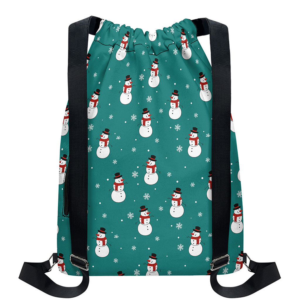 Teal Snowman Pattern Print Drawstring Backpack