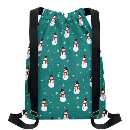 Teal Snowman Pattern Print Drawstring Backpack