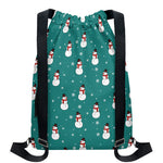 Teal Snowman Pattern Print Drawstring Backpack