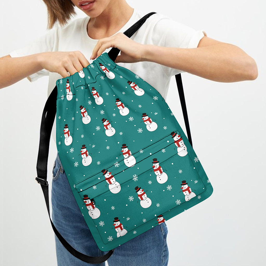 Teal Snowman Pattern Print Drawstring Backpack