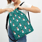 Teal Snowman Pattern Print Drawstring Backpack