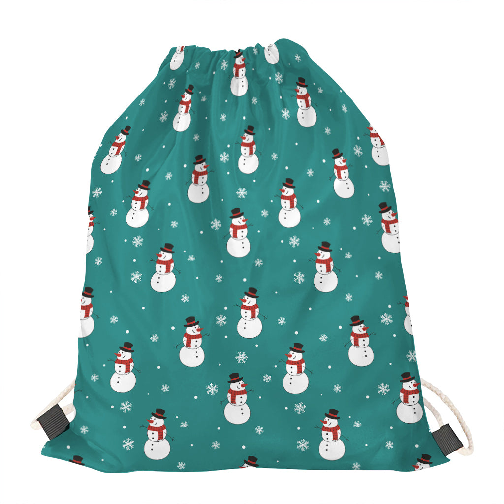 Teal Snowman Pattern Print Drawstring Bag
