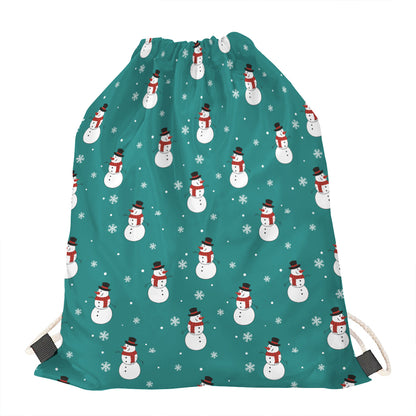 Teal Snowman Pattern Print Drawstring Bag