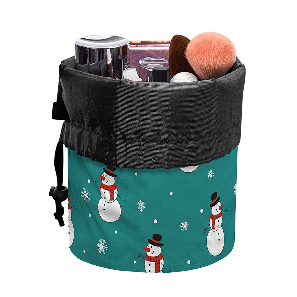 Teal Snowman Pattern Print Drawstring Makeup Bag