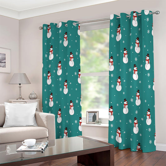 Teal Snowman Pattern Print Extra Wide Grommet Curtains