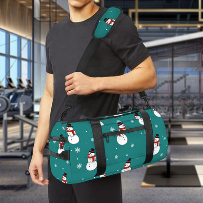 Teal Snowman Pattern Print Gym Bag