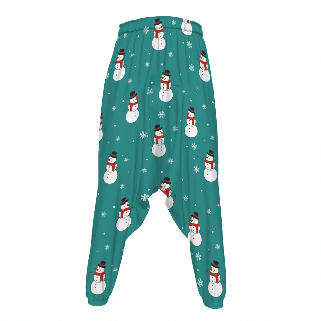 Teal Snowman Pattern Print Hammer Pants