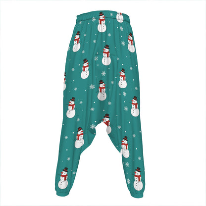 Teal Snowman Pattern Print Hammer Pants