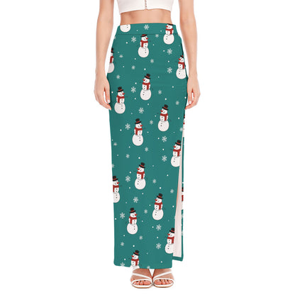 Teal Snowman Pattern Print High Slit Maxi Skirt