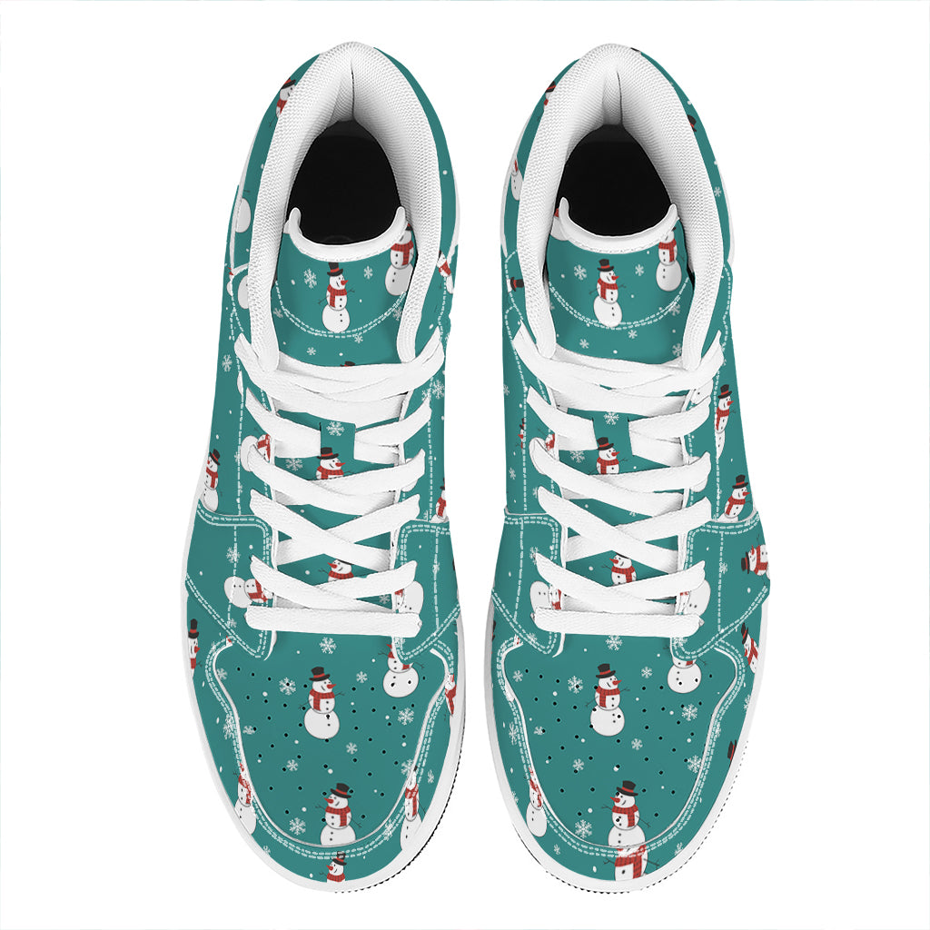 Teal Snowman Pattern Print High Top Leather Sneakers