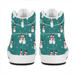 Teal Snowman Pattern Print High Top Leather Sneakers