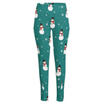 Teal Snowman Pattern Print High-Waisted Pocket Leggings