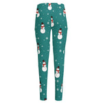 Teal Snowman Pattern Print High-Waisted Pocket Leggings