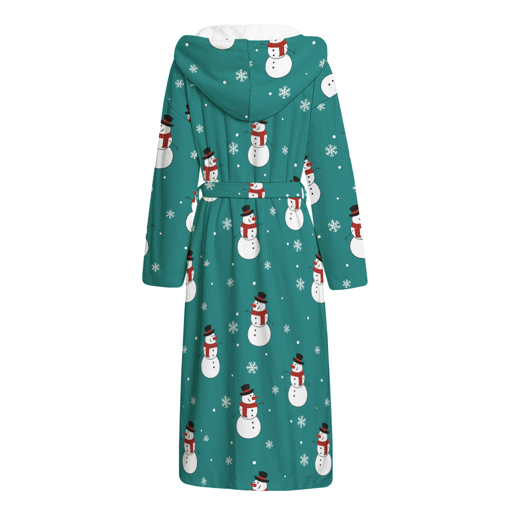Teal Snowman Pattern Print Hooded Bathrobe