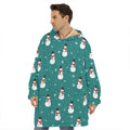 Teal Snowman Pattern Print Hoodie Blanket