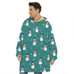 Teal Snowman Pattern Print Hoodie Blanket