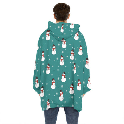 Teal Snowman Pattern Print Hoodie Blanket