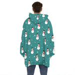 Teal Snowman Pattern Print Hoodie Blanket