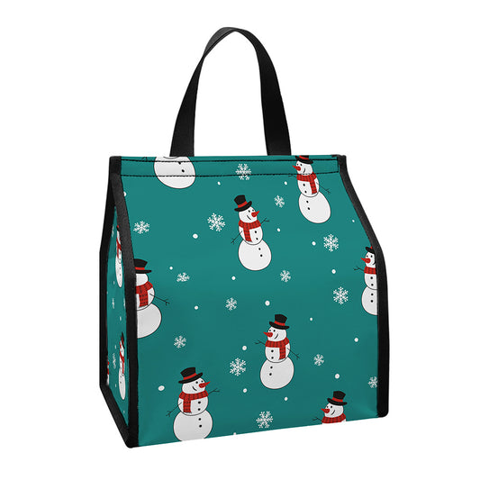 Teal Snowman Pattern Print Insulated Lunch Tote