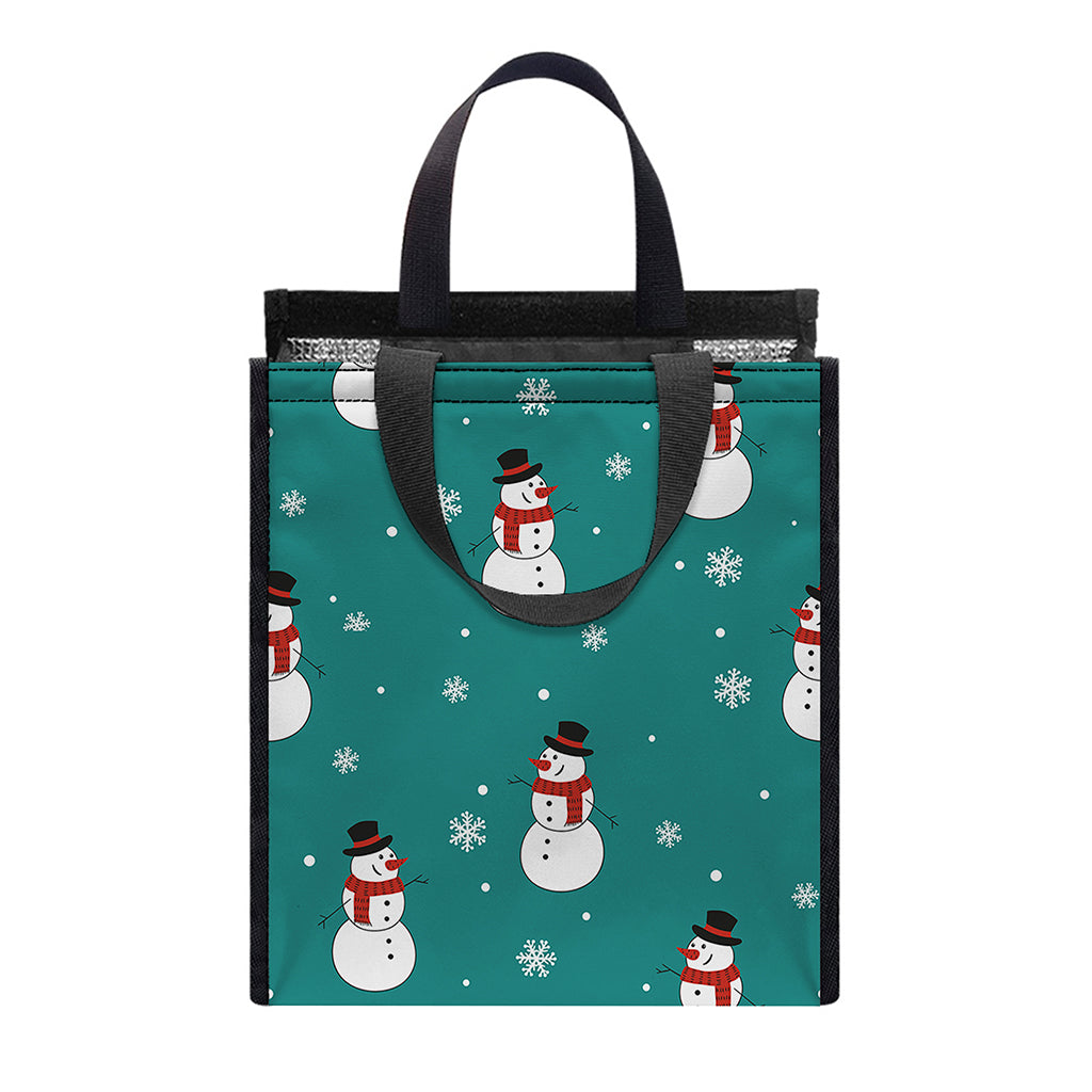 Teal Snowman Pattern Print Insulated Lunch Tote