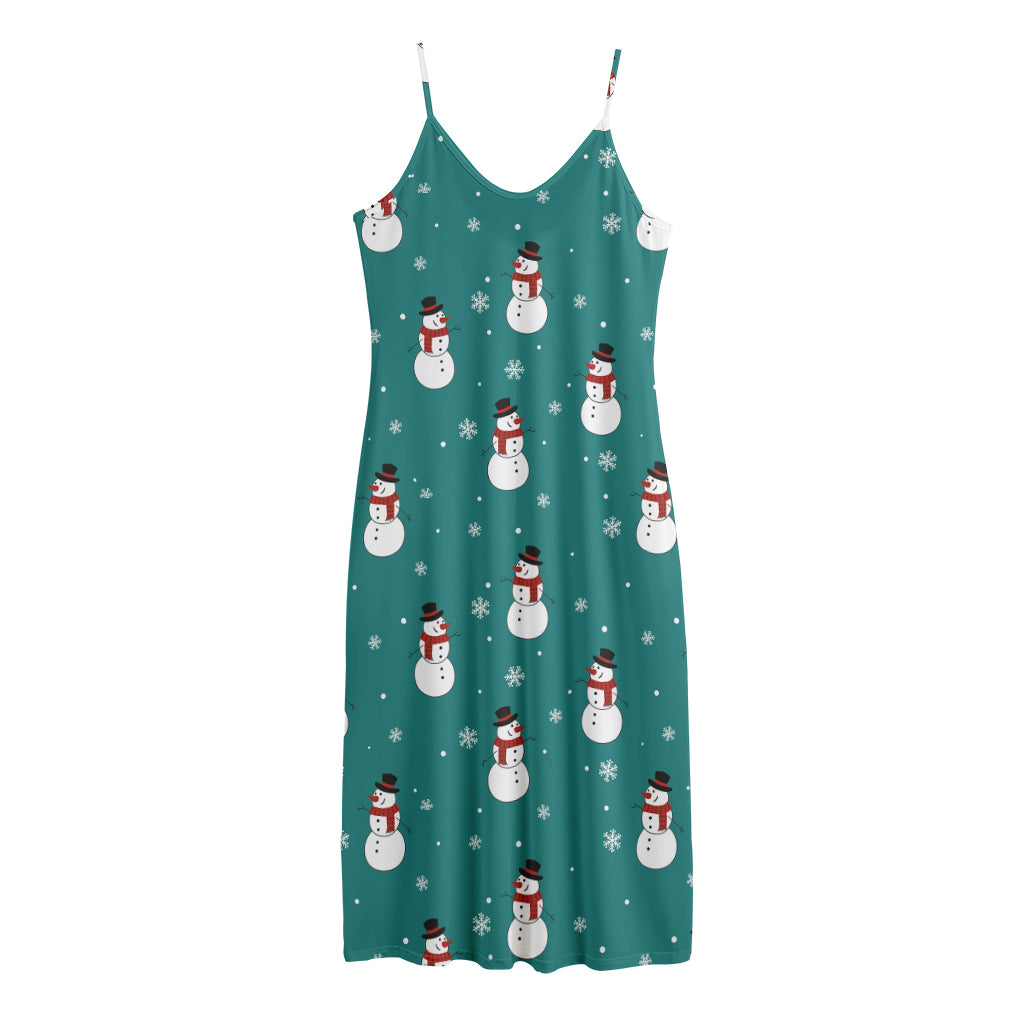 Teal Snowman Pattern Print Jersey Midi Cami Dress