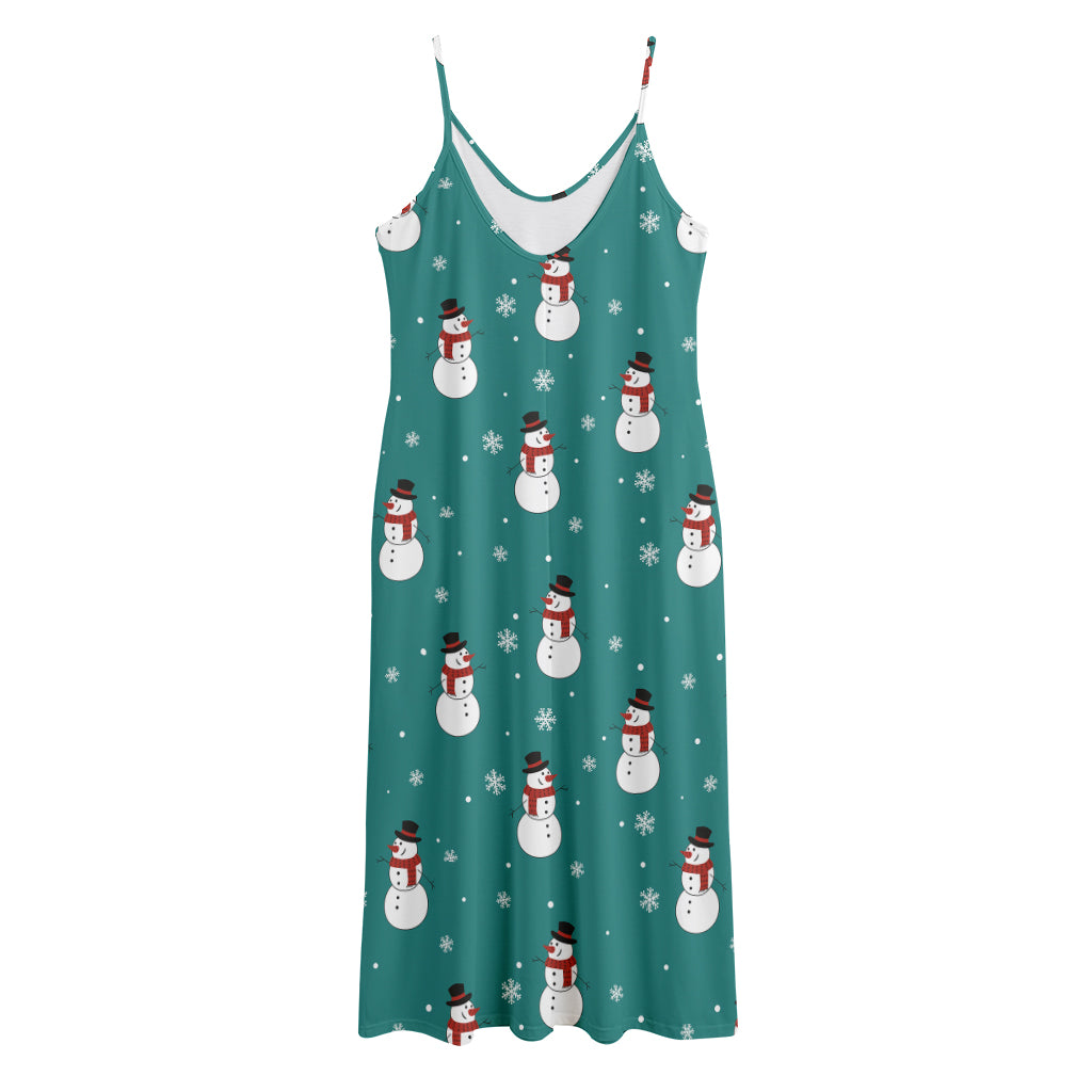 Teal Snowman Pattern Print Jersey Midi Cami Dress