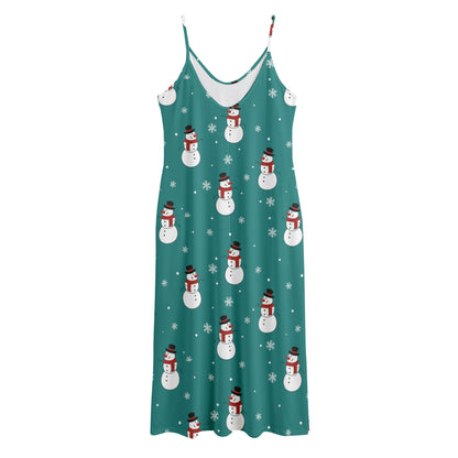 Teal Snowman Pattern Print Jersey Midi Cami Dress