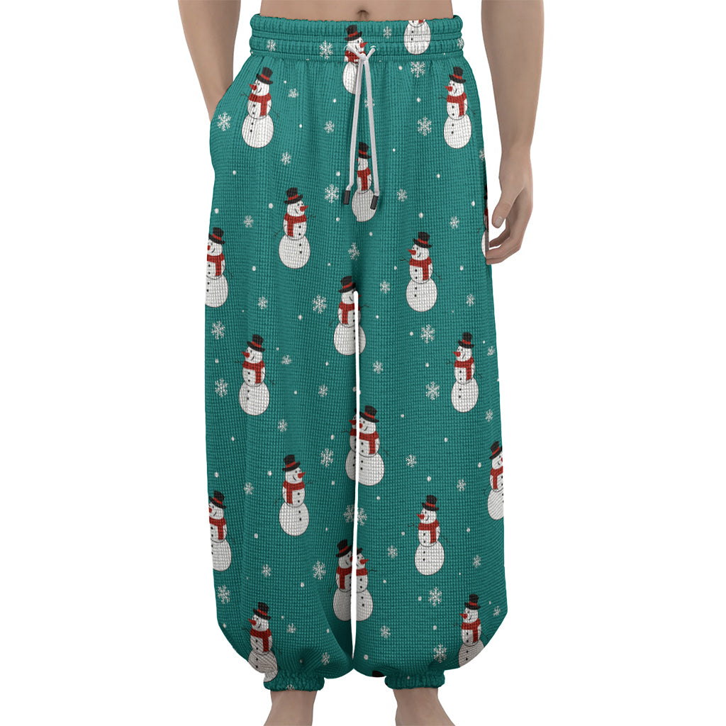 Teal Snowman Pattern Print Lantern Pants